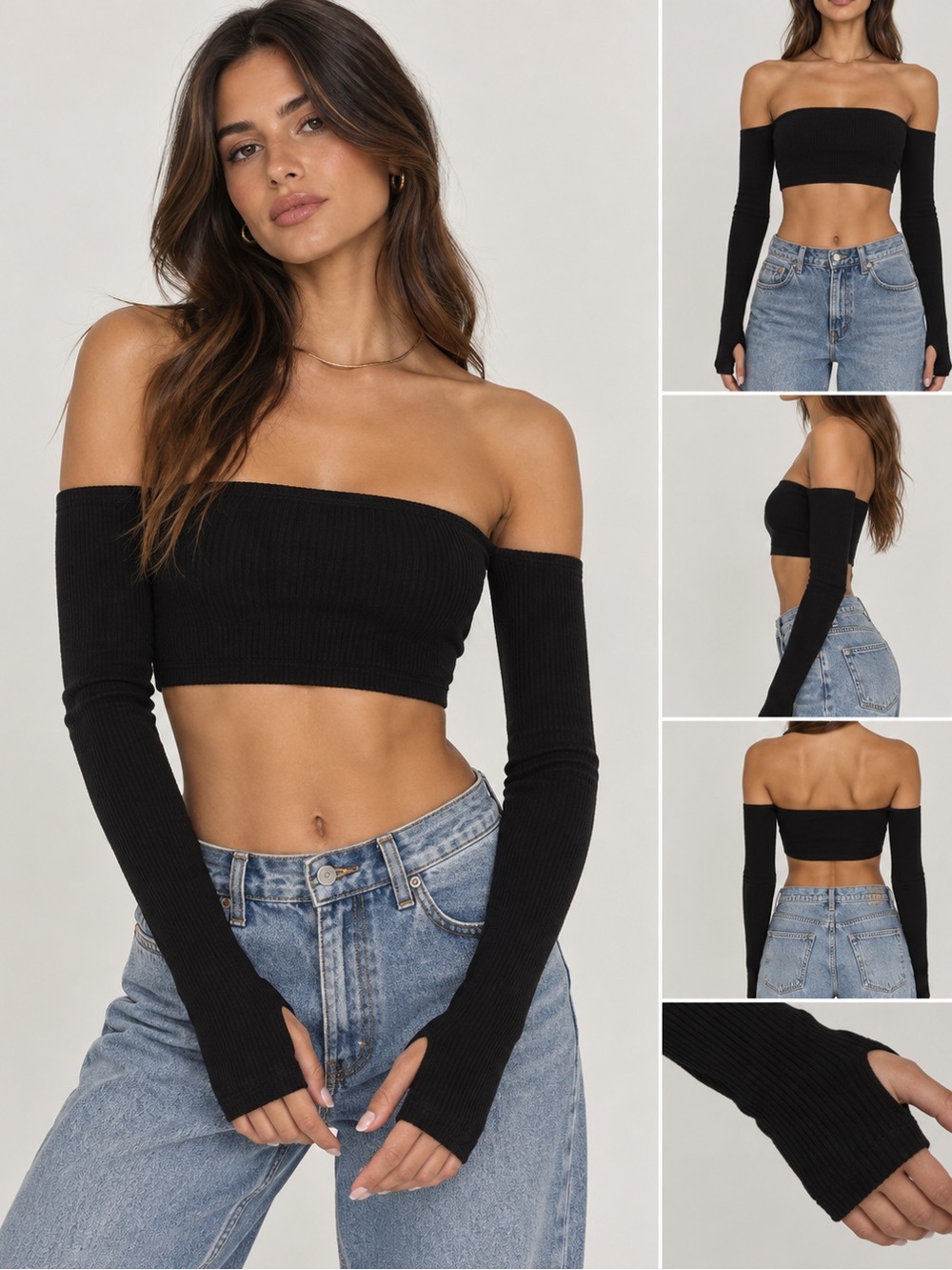 Edikted Black Ribbed Off Shoulder Crop Top Thumb Hole Sleeves Size S